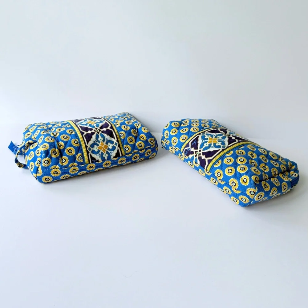 Vera Bradley Set of Two Retired Riviera Blue & Yellow Quilted Cosmetic Bags